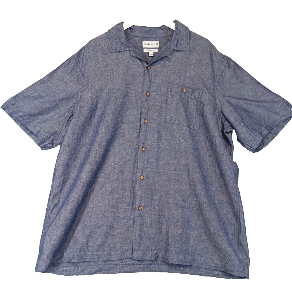 Saddlebred Shirt Men Sz XL Classic Fit Blue Linen Cotton Short Sleeve Button